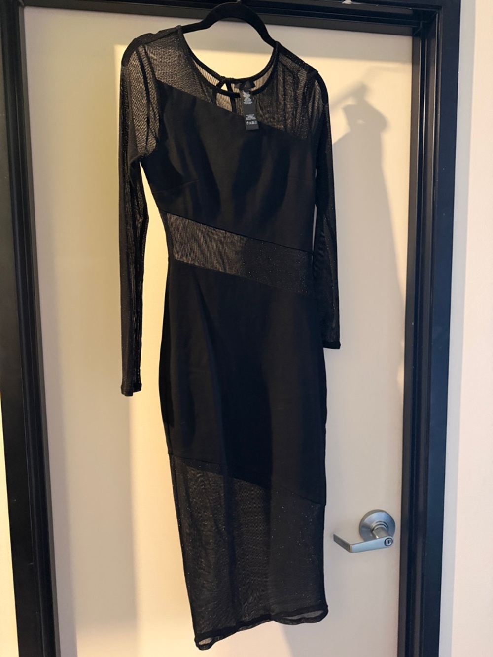 Black Long-Sleeve Mesh-Panel Midi Dress